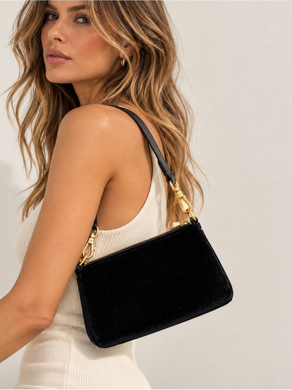 REISS Black Velvet Shoulder Bag Gold Hardware Leather Strap Evening Purse